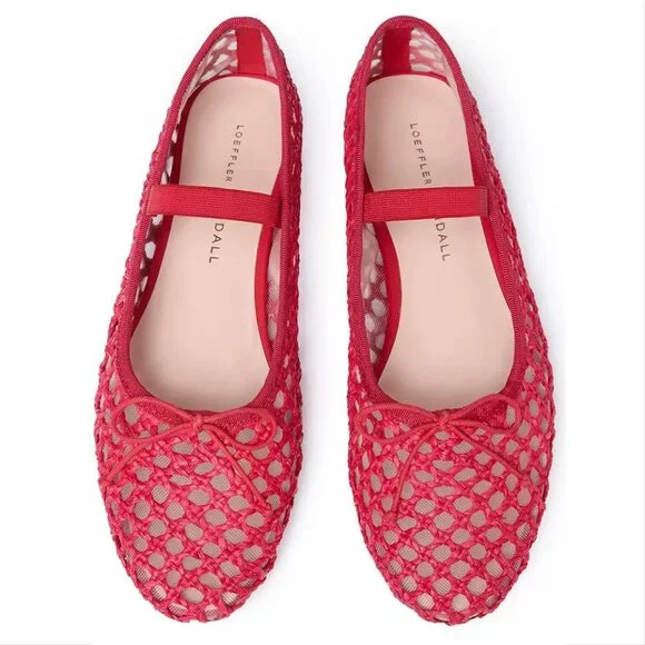 Loeffler Randall Leonie Mary Jane Ballet Flats Size 8 Red Raffia Mesh Bow NEW - Picture 4 of 16